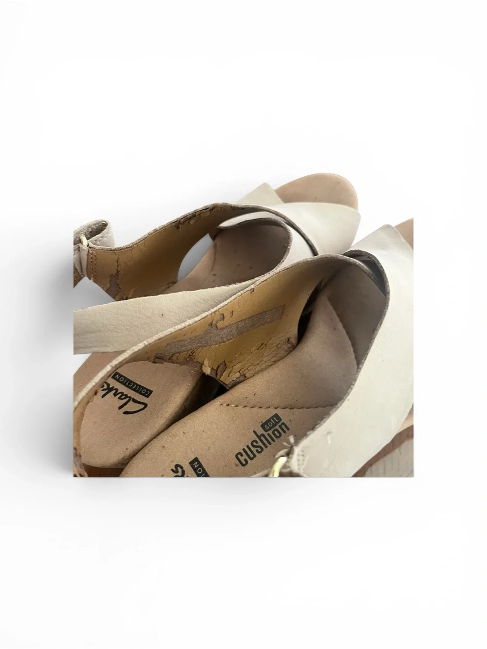 Clarks Beige Wedge Sandals Cushion Soft Flaked Lining Size 6.5